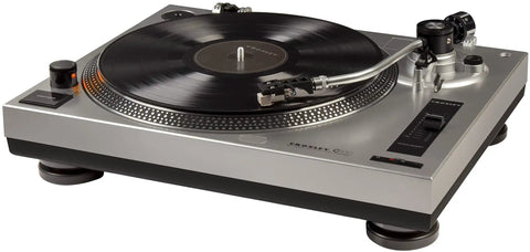 Crosley C100A Silver Belt Drive Turntable With Aluminum Tonearm Pitch Control For 33 And 45 Rpm Vinyl Records, sleek design with vinyl visible.