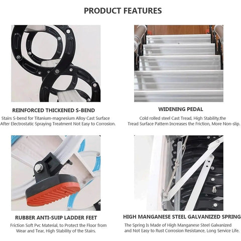 Electric Attic Ladder Telescoping Pull Down Loft Stairs Built Tough To Crush Heavy Loads Featuring Smooth Glide Retractable Action showing reinforced S-bend and widening pedal.
