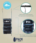 Hanging Carry On Organizer For Travel with mesh windows, hooks, and branding, fits any suitcase, black small size display.