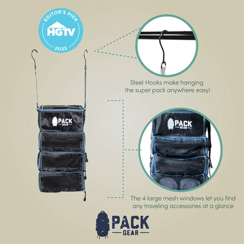 Hanging Carry On Organizer For Travel with mesh windows, hooks, and branding, fits any suitcase, black small size display.