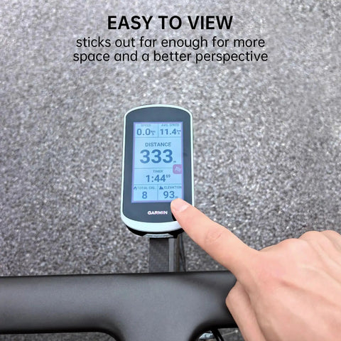 Out Front Handlebars Mount For Garmin GPS Bike Computer And Action Camera On Carbon Fiber Road Bike Rig Compatible With Hammerhead Karoo COOSPO And iGPSPORT showing close-up of digital display with finger pointing