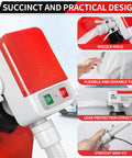 FEEDRON automatic fuel transfer pump with 51-inch hose; red translucent reservoir on white base with ON/OFF switch.