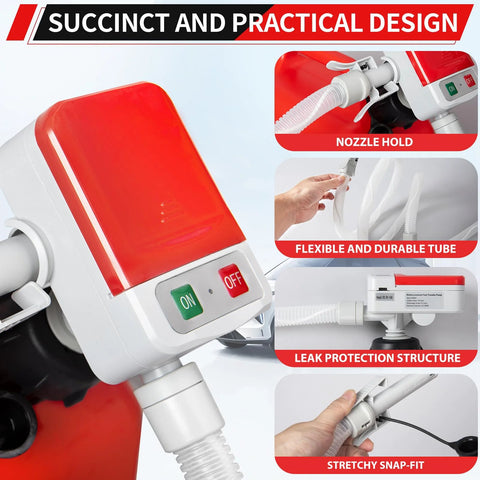 FEEDRON automatic fuel transfer pump with 51-inch hose; red translucent reservoir on white base with ON/OFF switch.
