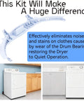 Dryer Drum Bearing Kit For Most Home Dryers, Quiet Replacement That Ends Squeaking And Grinding, Stops Black Marks From Worn Bearings And Slides, Easy DIY Install, Restores Quiet, Smooth, Efficient Drying Performance. White plastic dryer drum bearing slide kit shown with dryer images