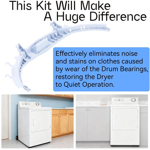 Dryer Drum Bearing Kit For Most Home Dryers, Quiet Replacement That Ends Squeaking And Grinding, Stops Black Marks From Worn Bearings And Slides, Easy DIY Install, Restores Quiet, Smooth, Efficient Drying Performance. White plastic dryer drum bearing slide kit shown with dryer images