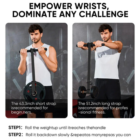 Person using Beefy Forearm Strengthener And Wrist Roller with 43.3 inch and 51.2 inch strap options in gym setting.