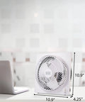 Frameless 9 Inch Desk Fan with Freestanding Design 3 Speed Settings Portable Cooling for Home Office or Garage on a desk.