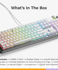 Dope Silver Full Size Mechanical Keyboard Featuring Machined Aluminum Frame Gasket Mount System Hot Swappable Switches, showing included accessories.
