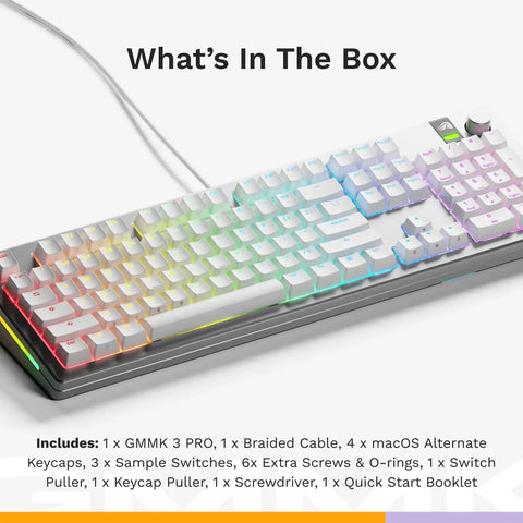 Dope Silver Full Size Mechanical Keyboard Featuring Machined Aluminum Frame Gasket Mount System Hot Swappable Switches, showing included accessories.