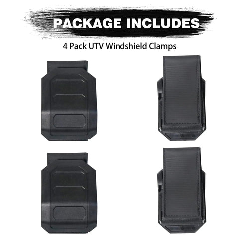 4 Pack UTV Windshield Mount Clamps Straps Kit Fits 1 To 2 Inch Roll Bars, black clamps for side by sides front windshield mount