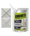 Rock Solid Concrete Crack Filler Fast Setting Blend repairs floor cracks; flexible waterproof sealant in a tube with samples.