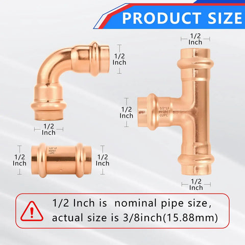 Half Inch Copper Press Fittings Kit 10 Pack With 2 Tees 3 Elbows 5 Couplings For Quick Press Plumbing, Tool Free Flame Free Install
