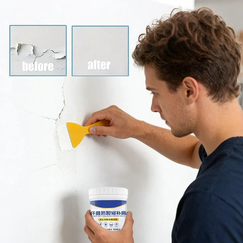 Man using All In One Wall Repair Kit With Easy To Use Putty 500G Quick Drying Filler For Cracks In Walls on interior wall