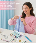 Woman using All In One Travel Sewing Kit With Colorful Threads Scissors Needles And A Storage Case A Portable Emergency Repair Tool