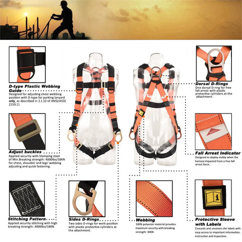 Built Tough Industrial Fall Protection Safety Harness Kit With 3D Rings, Double Leg Design, 6 Foot Shock Absorber Lanyard, ANSI Compliant Personal Fall Arrest System PFAS for Construction, Roofing, Window Cleaning and Other Worksite Tasks