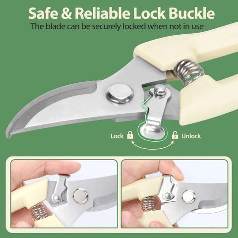Close-up of All Purpose Pruning Shears Set With Stainless Steel Blades showing safe and reliable lock buckle
