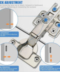 10 Pack 35mm Full Overlay No Slam Soft Close Frameless Cabinet Hinges with detailed adjustment guide, cold rolled steel construction.
