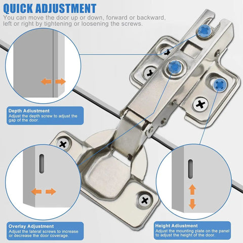 10 Pack 35mm Full Overlay No Slam Soft Close Frameless Cabinet Hinges with detailed adjustment guide, cold rolled steel construction.