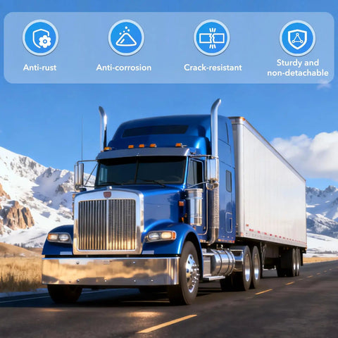 Blue semi truck on highway with icons depicting features of 33mm ABS Chrome Lug Nut Covers For Semi Trucks 20 Pack