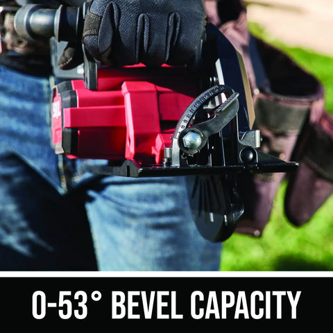 Heavy Duty Seven Quarter Inch Cordless Circular Saw Featuring Rear Handle And Brushless Motor Provides Killer Cuts Through Lumber, showing 0-53° bevel capacity.