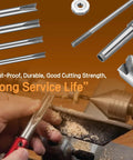 8 Piece Pen Turning Mandrel Set For Wood Lathe With 7mm Drill Bit And Barrel Kit, visible with cutting shafts and lathe setup.