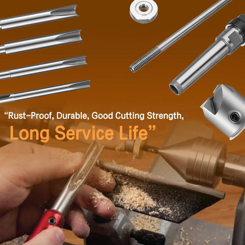 8 Piece Pen Turning Mandrel Set For Wood Lathe With 7mm Drill Bit And Barrel Kit, visible with cutting shafts and lathe setup.