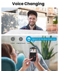 Smartphone displaying Wireless 2K Doorbell Camera interface with voice change feature, showing live video of man at front door.