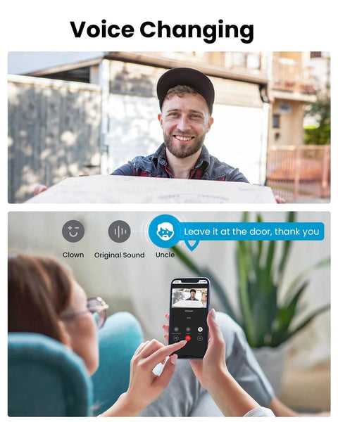 Smartphone displaying Wireless 2K Doorbell Camera interface with voice change feature, showing live video of man at front door.