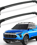 Beefy Heavy Duty Aluminum Roof Rack Cross Bars 300 Lbs For Chevy Trailblazer 2021 2022 2023 2024 2025 2026 L LT ACTIV RS With Side Roof Rails Black Rooftop Cargo Carrier attached to blue Chevy Trailblazer