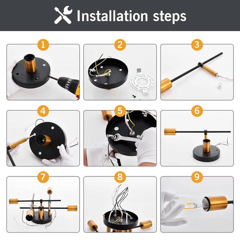 Installation steps for Five Light Dope Farmhouse Semi Flush Mount Ceiling Light Fixture With E26 Base Modern Matte Black And Gold Sputnik