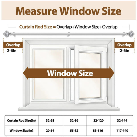 Diagram showing measurements for Telescoping Curtain Rod Set 32 To 58 Inches Adjustable 7 Eighth Inch Drape Rod For Windows 20 To 54 Inches Silver With Translucent Finials Decorative Home Curtain Hardware Easy Glide.