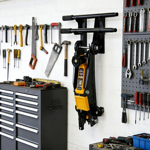 Garage with Heavy Duty Floor Jack Wall Mount Organizer Brackets For Stands And Trolleys Garage Tool Hanger And Gear Setup Black Electro Plated Steel With Two Piece Handle Hydraulic Jack Stand Accessories installed on wall