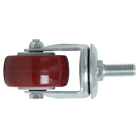 Hella Smooth 2 Inch Swivel Caster Wheels With Beefy Threaded Stem Polyurethane Set Of Four Workshop Gear Slick Rolling Heavy Duty Rack Casters In Red 800 Pound Capacity side view of red caster wheel with steel stem.