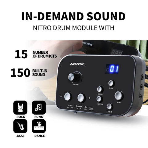 Electric Drum Set for Beginners With 150 Sounds and Quiet Pads 2 Pedals Ready To Jam Throne Sticks Headphones Included Portable Foldable Electronic Drum Kit AED 400 control panel