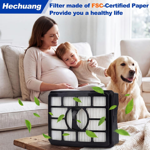 Two For Four Pack Vacuum Filters Replacement For Rotator Pro Lift-Away NV500 Series with family and dog on couch.