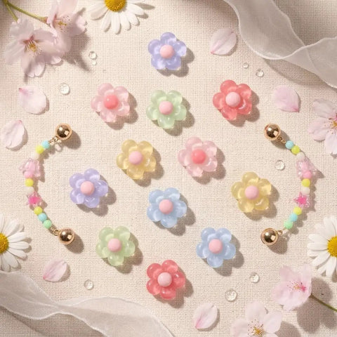 Pastel Jelly Daisy Flower Shoe Charms Set With Glossy Bling Floral Buckles, assorted colors on fabric background.