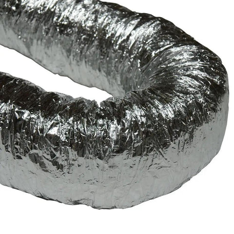 Insulated HVAC Duct Hose 6 Inch By 25 Foot Pro Grade Heavy Duty Air Ducting showing metallic flexible exterior, home shop use