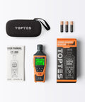 Portable Carbon Monoxide Detector With Audible And Visual Alarm And Backlit LCD For Home Car Camping And Travel Zero To Five Thousand PPM Includes Batteries And Carrying Case Orange, display, batteries, and case shown.