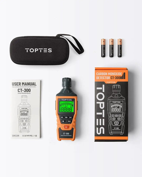 Portable Carbon Monoxide Detector With Audible And Visual Alarm And Backlit LCD For Home Car Camping And Travel Zero To Five Thousand PPM Includes Batteries And Carrying Case Orange, display, batteries, and case shown.