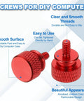 Six Pack Knurled Thumb Screws 6x32 Aluminum Alloy For PC Case Hand Tighten, Colorful Set In Red Orange Silver Deep Blue Purple Gold, Tool Free Computer Case And Drive Bay Fasteners, red screw close-up