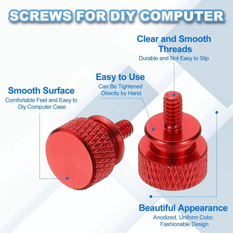 Six Pack Knurled Thumb Screws 6x32 Aluminum Alloy For PC Case Hand Tighten, Colorful Set In Red Orange Silver Deep Blue Purple Gold, Tool Free Computer Case And Drive Bay Fasteners, red screw close-up