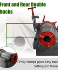 Tough As Nails 110V Electric Pipe Threader Machine For 1/2 To 3 Inch Plumbing Pipes showing front and rear double chucks for pipe clamping.