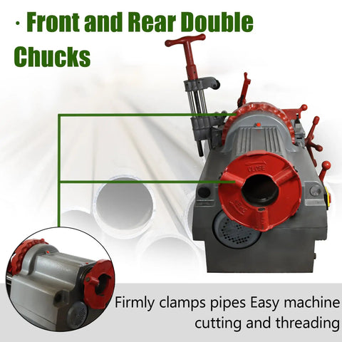 Tough As Nails 110V Electric Pipe Threader Machine For 1/2 To 3 Inch Plumbing Pipes showing front and rear double chucks for pipe clamping.