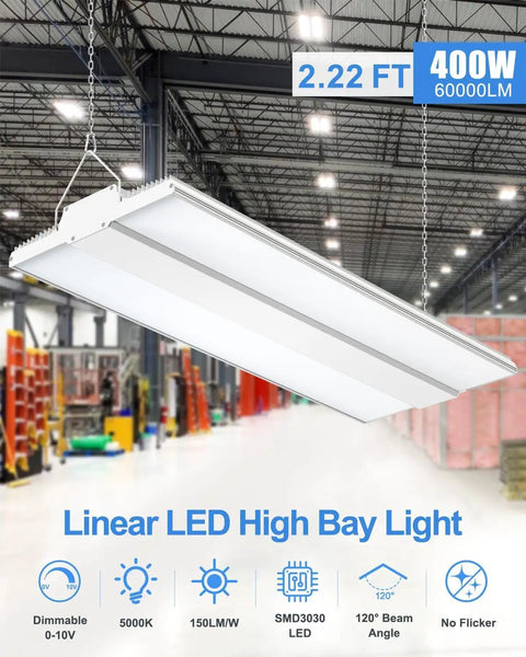 12 Pack 400W High Bay LED Lights for Warehouses and Shops, 60,000 Lumens at 5000K Daylight, UL Listed, hanging in warehouse.
