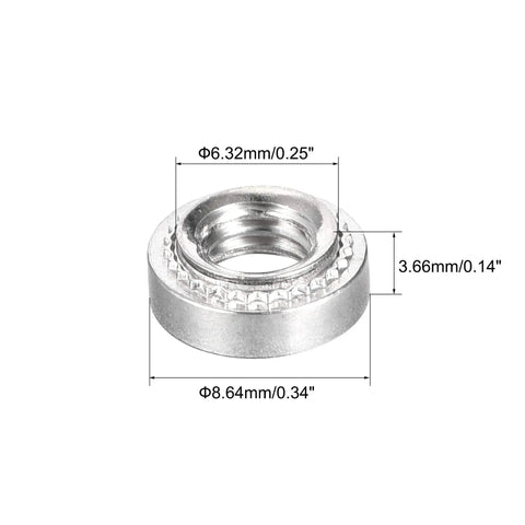 Built Different Stainless Steel Self Clinching Rivet Nuts With Smooth Round Head 0.14 inch height and diameter specifications shown.