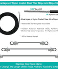 Sun Shade Sail Hardware Kit With 4 Pack 10ft Extension Nylon Wire Rope And 304 Stainless Steel Fittings For Triangle Or Rectangle Shade Canopies, features of nylon-coated steel wire and clamps displayed.
