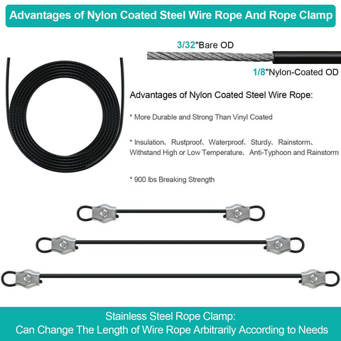 Sun Shade Sail Hardware Kit With 4 Pack 10ft Extension Nylon Wire Rope And 304 Stainless Steel Fittings For Triangle Or Rectangle Shade Canopies, features of nylon-coated steel wire and clamps displayed.