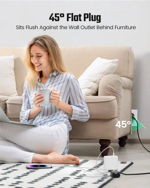 Woman using Six In One Charging Station With USB C And USB A Ports, discreetly placed flat plug behind furniture.