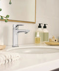 Flute Bathroom Faucet Chrome Finish No Fuss 4-Inch Installations Fits 1 Or 3 Hole Setups ADA Compliant in modern bathroom