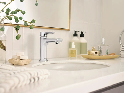 Flute Bathroom Faucet Chrome Finish No Fuss 4-Inch Installations Fits 1 Or 3 Hole Setups ADA Compliant in modern bathroom